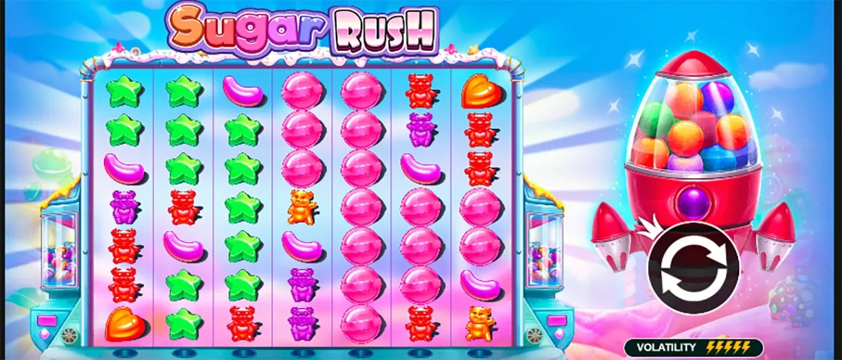 Sugar Rush slot gameplay screen with six reels filled with colorful candy symbols (gummy bears, stars, jelly beans, and pink candies), the “Sugar Rush” logo at the top, and a bright candy-themed background with a rocket gumball machine spin button and volatility indicator on the right.
