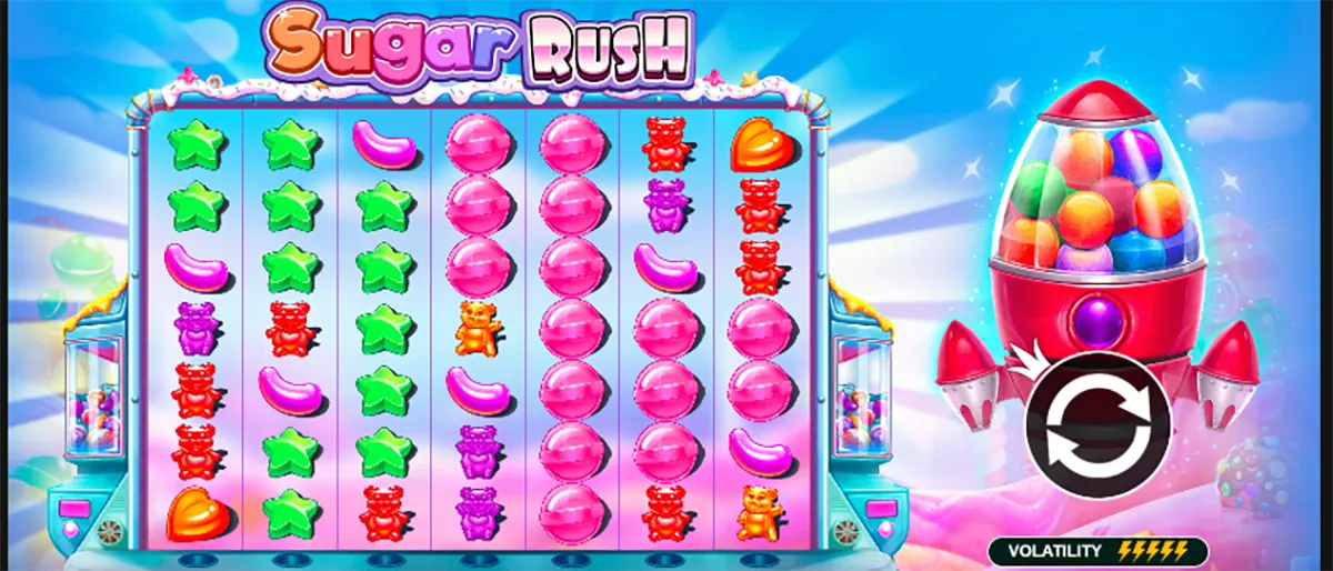 Sugar Rush slot gameplay screen with six reels filled with colorful candy symbols (gummy bears, stars, jelly beans, and pink candies), the “Sugar Rush” logo at the top, and a bright candy-themed background with a rocket gumball machine spin button and volatility indicator on the right.