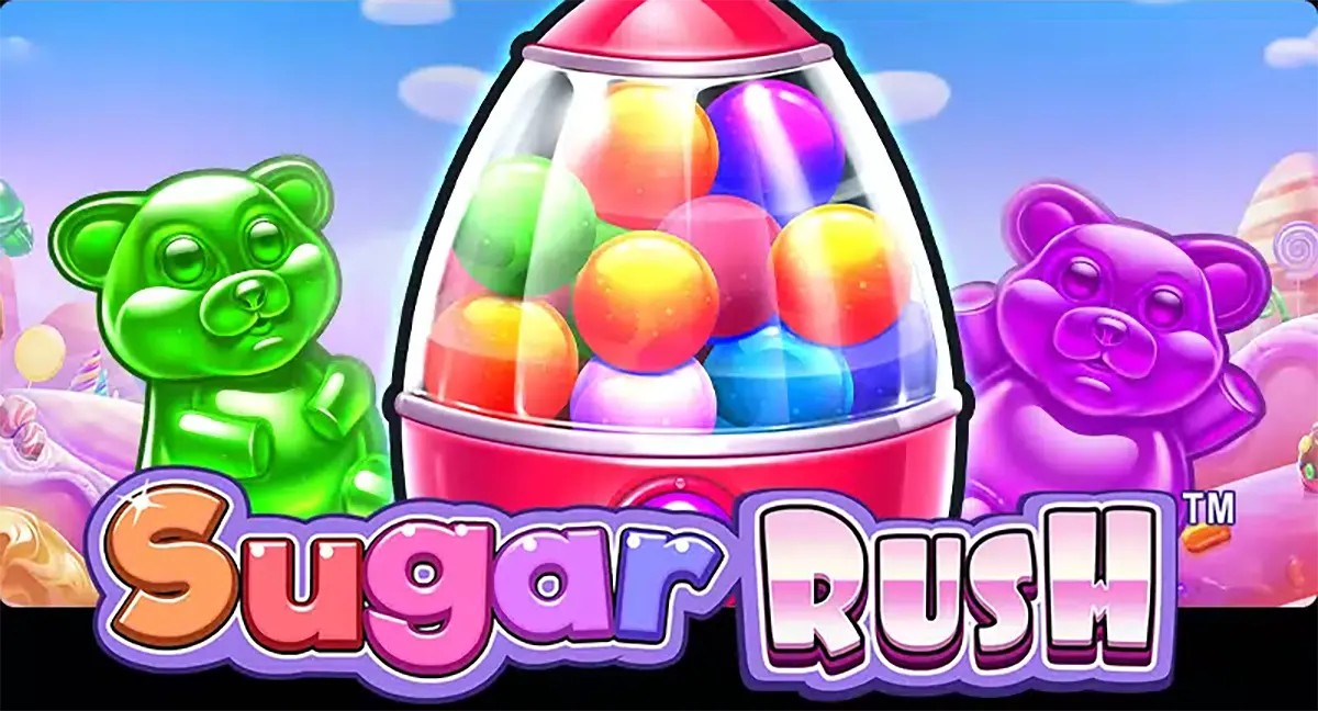 Sugar Rush slot promotional banner featuring a colorful gumball machine rocket filled with candy balls, flanked by glossy green and purple gummy bear characters, with the bright “Sugar Rush” logo in the foreground against a pastel candy-land background.