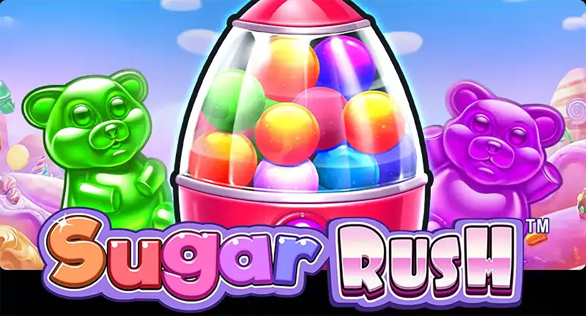 Sugar Rush slot promotional banner featuring a colorful gumball machine rocket filled with candy balls, flanked by glossy green and purple gummy bear characters, with the bright “Sugar Rush” logo in the foreground against a pastel candy-land background.